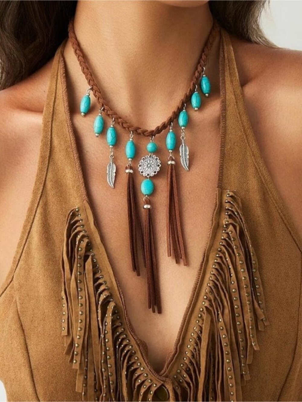 Boho Turquoise Beaded Fringe Necklace - Brown & Turquoise